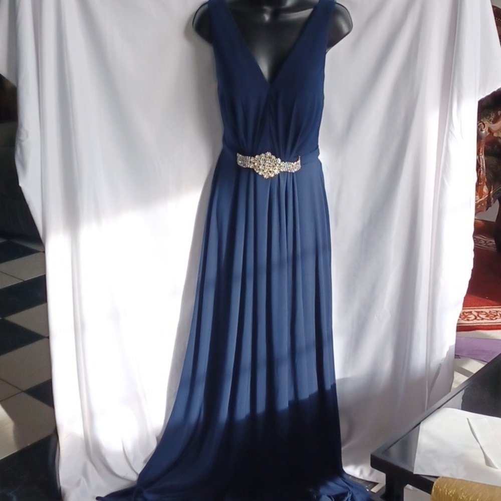 Milano Navy Prom Dress Size L, Beaded, rhinestones
